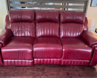 Southern Motion "Gold Standard" red leather sofa with 2 electric recliners and armrest cupholders
