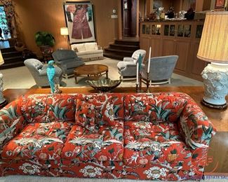 Vintage NORTH HICKORY FURNITURE Custom Upholstered Sofa with Custom Wrap Around Sofa Table and End Tables