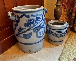 Vintage Salt Glazed Blue and White Stoneware Crocks