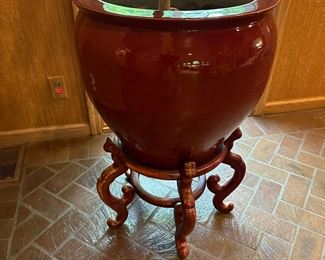 Vintage Chinese Oxblood Fishbowl Planter on Stand