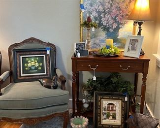 Console table with gold Inlays, occasional Chair, heavy bunny planter pictures 