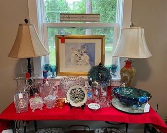 Crystal, carnival glass, lamps, pictures 