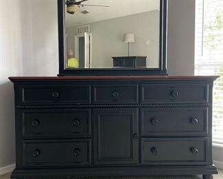 $200 - Dresser with mirror (measures: 68" x 18" x 36" / mirror measures: 42" x 46")