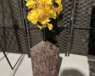 Beautiful Carved Leaf Detail Decor Vase with Artificial Yellow Flowers