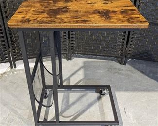 Rustic Top Side Table on Casters and with Hanging Mesh Storage