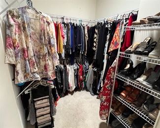There are closets and closets and an entire bedroom full of women clothes at this home. There are a few men items as well. Almost ALL . Clothes are $1 each. Only a couple items are marked different/ Sizes S/M/L and a few XL. Shoes $2 each