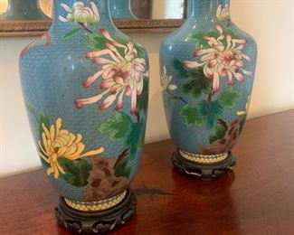 Pair of Chinese Cloisonné Posy Vases on stands, 2nd half of the 20th century, 15"h $350