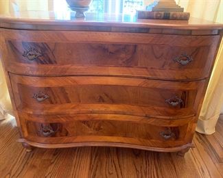 19th Century Baroque serpentine 3 drawer chest, good condition for age, 38w 29h 17d $1200