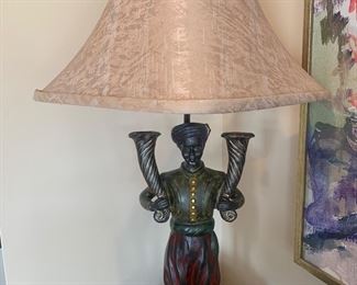 Vintage carved polychrome Blackamoor Lamp, 25h to top of shade, very good condition $175