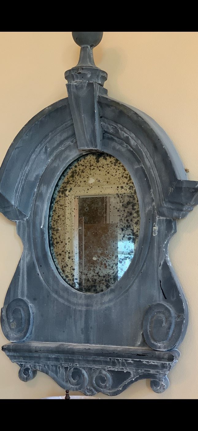 19th C French Zinc Dormer Window Mirror, 32h 21w, $1,800