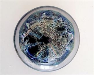 Eickholt Studio Glass Paper Weight Blue Sea Urchin Signed 1990. 4 inches round  x 2 inches tall