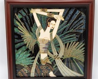 Framed Figural Enamel Panel in manner of Ting Shao Kuang. 13 3/4 X 13 3/4 X 1
