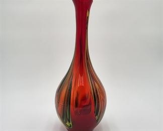 Mid Century Hand Blown Multi Color Art Glass Vase. 14 x 5 Opening at top 1 3/4 in
