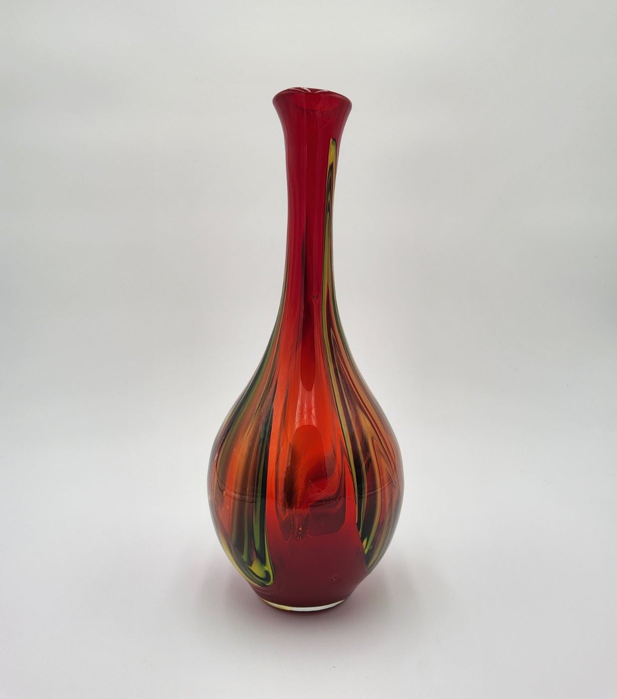 Mid Century Hand Blown Multi Color Art Glass Vase. 14 x 5 Opening at top 1 3/4 in