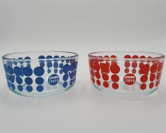 Vintage 1917 Pyrex Glass Blue and Red Polka Dot Bowls . 3 X 6 each 