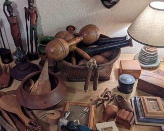 Sinuous carved statues and miscellaneous unusual wooden artifacts 