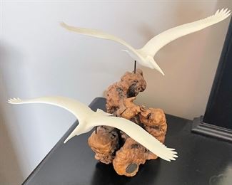 Vintage John Perry Pelicans on burled wood base, 11" x 11",  $16