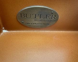 Butler Brand plate in drawer of pedestal table~
