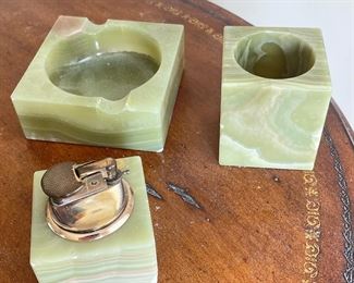 Vintage 1960s set Onyx green marble smoking desk set lighter, ashtray, cigarette box,  $58