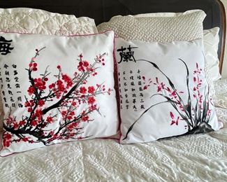 Pair of Asian red cherry blossom pillows, 17" x 17",  was $30, NOW $20