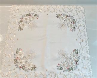 Beautiful square Pointsettia & candle table linen,  Approx 22" x 22",  was $10, NOW $7