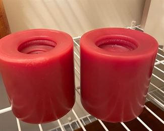 2 red thick  pillar candles,  was $7, NOW $5