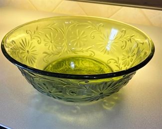 Green Depression glass floral bowl, was $12, NOW $8