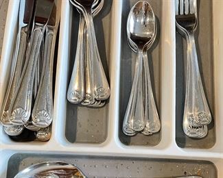 Shell flatware,  5 forks, 5 spoons, 6 Large spoons, 7 knives, butter knife and large serving spoon,  was $14, NOW $9