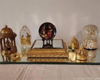 2 Display Mirrors Decorated with Gold Religious Items