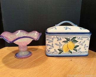 Stonelite Inspirado Hand Painted Cookie Jar Bread Box with lemon Design and Pretty Pedestal Dish