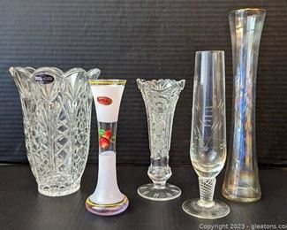 Trio of Crystal Vases Featuring De Plomb Lead Crystal Vase Plus 2 Glass Bud Vases