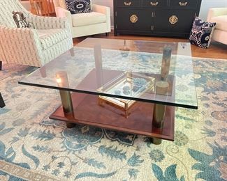 Square glass cocktail table w/wood base, 42" x 42" x 19"H,  was $599, NOW $475