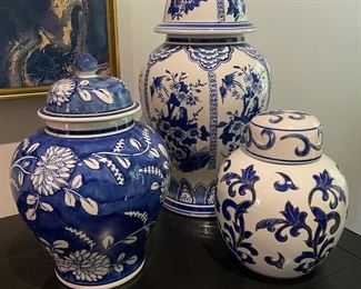3 blue & White ginger jars - see following pics for pricing and dimensions >