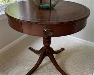Mahogany round leather top accent table, 30"D x 29"H,  was $175, NOW $99