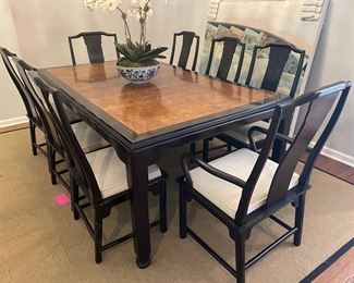 Century Dining table + 8 chairs, 2 leafs (18"W each), padding, 46"W x 76"L x 29.5"H,  was $899, NOW $675