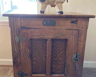 BE008Vintage White Clad Icebox And Table With Cow Decor