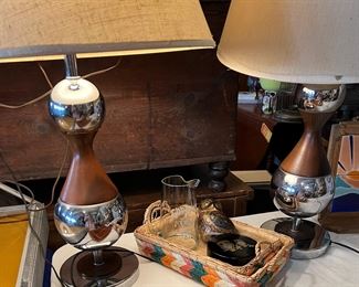 Pair of Mid Century Chrome and Teak Lamps
