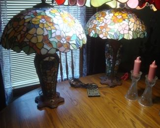 Pair of leaded stained glass lamps