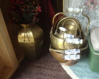 Brass scuttle buckets w blue & white porcelain handles