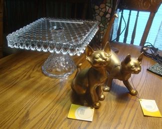 Cubist glass square cake plate, Gold leaf Freeman McFarlin cats