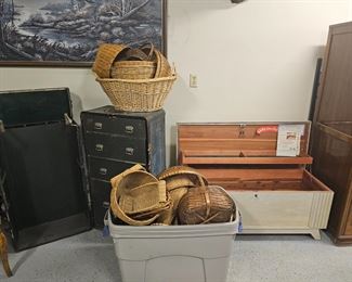 Handmade baskets and old steamer trunk