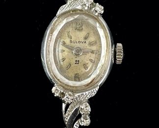 Fine 14K White Gold & Diamond Bulova 23 Jewel Mechanical Wristwatch W/ Case
