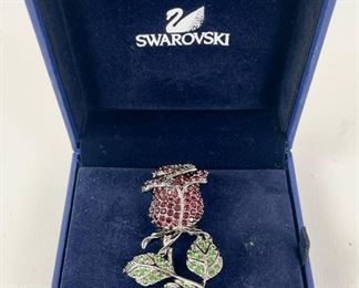 Fine Swarovski Red & Green Crystal Rose Brooch W/ Original Box & Certificate Of Authenticity

