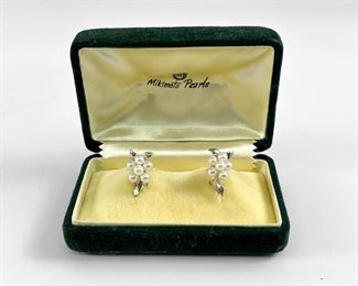 Fine Mikimoto Sterling Silver 4mm Cultured Pearl Flower Clip On Earrings
