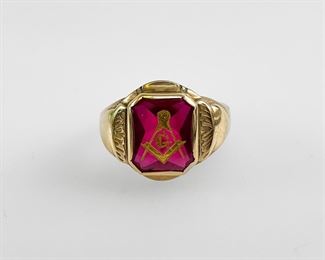 Fine 10K Yellow Gold Gemstone Freemason Masonic Ring Size 9
