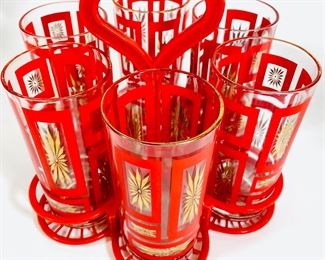 Jeannette Atomic Starburst Red Gold Glass Pitcher 6 Glasses & Bowls Vintage Mid Century Modern
