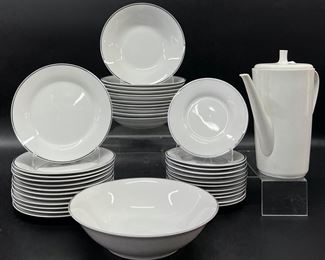 Elite White Silver Trim Bowls, Plates, Salad Plates, and Hutschenreuther Lidded Tea Pot
