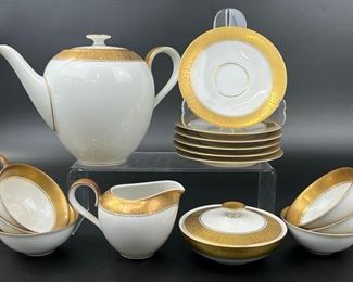 Vintage White Gold Trim H & G Selb Bavaria Germany Heinrich Lidded Tea Pot, Tea Cups, Saucers, Creamer, and Lidded Sugar Jar
