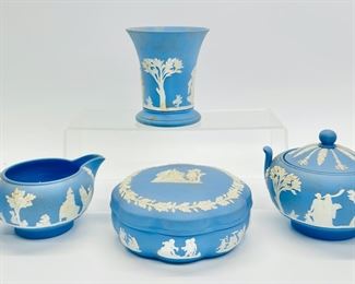 Fine Wedgwood Blue Jasperware Creamer, Lidded Sugar Jar, Vase, and Trinket Box
