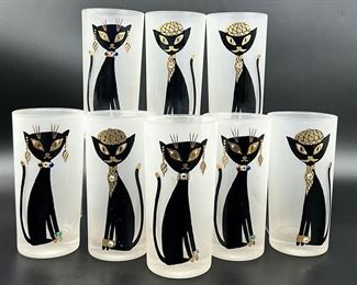Rare Libbey Maida Armour Saimese Cat Cool Cat Highball Glasses Set Of Eight MCM Mid Century Modern
